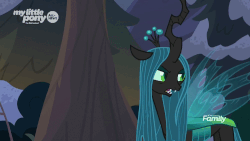 Size: 1000x562 | Tagged: safe, screencap, cozy glow, queen chrysalis, changeling, changeling queen, pegasus, pony, frenemies (episode), g4, angry, animated, clothes, cozy glow is best facemaker, cozybetes, cute, cutealis, discovery family logo, duo, female, filly, flying, foal, grin, hat, madorable, smiling, winter outfit