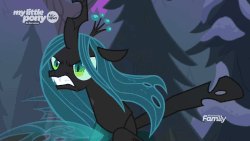 Size: 1280x720 | Tagged: safe, screencap, queen chrysalis, changeling, changeling queen, frenemies (episode), g4, animated, discovery family logo, female, rage, solo