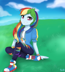 Size: 2128x2368 | Tagged: safe, artist:lovelygirlmusicer, rainbow dash, equestria girls, g4, my little pony equestria girls: better together, adorasexy, clothes, converse, cute, dashabetes, female, grass field, high res, looking at you, pants, sexy, shoes, sitting, sneakers, solo