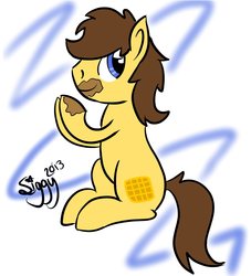 Size: 1454x1599 | Tagged: safe, artist:siggyderp, oc, oc only, oc:waffle crisp, earth pony, pony, eating, food, male, messy eating, signature, solo, stallion, waffle