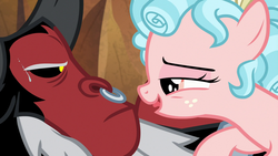 Size: 1920x1080 | Tagged: safe, screencap, cozy glow, lord tirek, centaur, pony, frenemies (episode), g4, context is for the weak, duo, female, filly, foal, lidded eyes, male, narrowed eyes, nose piercing, nose ring, out of context, piercing, septum piercing, sweat, sweatdrop, tongue out, wat
