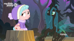 Size: 1000x562 | Tagged: safe, screencap, cozy glow, queen chrysalis, changeling, changeling queen, pegasus, pony, frenemies (episode), g4, animated, bonding, clothes, discovery family logo, duo, female, filly, foal, hat, laughing, tree stump, winter outfit