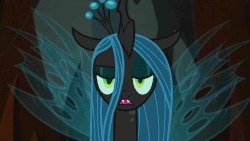 Size: 640x360 | Tagged: safe, screencap, queen chrysalis, changeling, changeling queen, frenemies (episode), g4, animated, female, flying, gif, lair, loop, reversed, sassy, solo
