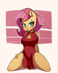 Size: 1212x1512 | Tagged: safe, artist:luxaestas, derpibooru exclusive, fluttershy, anthro, g4, adorasexy, big breasts, breasts, busty fluttershy, cheongsam, cleavage, clothes, cute, female, kneeling, looking at you, sexy, solo