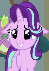 Size: 423x611 | Tagged: safe, screencap, spike, starlight glimmer, dragon, pony, unicorn, a matter of principals, g4, season 8, cropped, cute, female, floppy ears, glimmerbetes, male, mare, offscreen character, smiling, solo focus, winged spike, wings