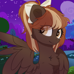 Size: 2850x2862 | Tagged: safe, artist:_vodka, oc, oc only, oc:barista, pegasus, pony, bow, cheek fluff, chest fluff, hair bow, heart eyes, high res, night, outdoors, ponytail, solo, wingding eyes