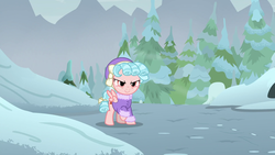 Size: 1920x1080 | Tagged: safe, screencap, cozy glow, pegasus, pony, frenemies (episode), g4, clothes, evil, evil grin, female, filly, foal, grin, hat, pine tree, raised hoof, smiling, snow, solo, tree, winter outfit
