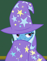Size: 526x693 | Tagged: safe, screencap, trixie, pony, unicorn, a matter of principals, g4, season 8, cape, clothes, cropped, female, hat, lidded eyes, mare, school of friendship, smiling, solo, trixie's cape, trixie's hat