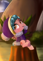 Size: 4250x6000 | Tagged: safe, artist:darksly, cozy glow, pegasus, pony, frenemies (episode), g4, season 9, absurd resolution, clothes, cozybetes, cute, female, filly, foal, freckles, hat, open mouth, open smile, scene interpretation, sitting, smiling, solo, tree stump, underhoof, winter outfit