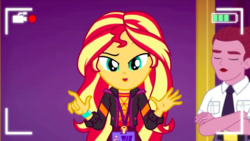 Size: 919x517 | Tagged: safe, mulberry barricade, sunset shimmer, equestria girls, equestria girls series, g4, how to backstage, spoiler:eqg series (season 2), background human, camcorder, female, looking at you, recording, security guard, selfie drone