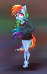 Size: 700x1100 | Tagged: safe, artist:cleverpon, rainbow dash, pegasus, anthro, unguligrade anthro, g4, clothes, female, hoodie, looking at you, mare, solo