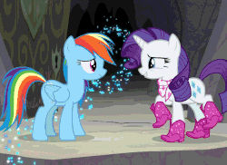 Size: 856x622 | Tagged: safe, screencap, rainbow dash, rarity, pegasus, pony, unicorn, g4, the end in friend, animated, blinking, boots, cropped, cute, dashabetes, duo, eyes closed, female, glitter, glitter boots, hug, kiss and make up, looking at each other, mare, open mouth, raribetes, shoes, smiling