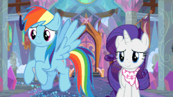 Size: 640x360 | Tagged: safe, screencap, rainbow dash, rarity, pony, g4, the end in friend, animated, duo, female, glitter, laughing