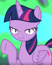 Size: 437x550 | Tagged: safe, screencap, twilight sparkle, alicorn, pony, g4, molt down, season 8, creepy, cropped, dragonfire, female, fire, fire breath, great moments in animation, looking at you, mare, mid-blink screencap, nightmare fuel, raised hoof, smiling, twilight sparkle (alicorn), twilight sparkle is best facemaker, wat