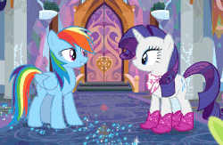 Size: 677x442 | Tagged: safe, screencap, rainbow dash, rarity, pegasus, pony, unicorn, g4, the end in friend, animated, blinking, boots, bucking, cute, daaaaaaaaaaaw, dashabetes, excited, female, glitter boots, horses doing horse things, looking at each other, mare, raised hoof, rarara, raribetes, shoes, smiling, trotting, trotting in place
