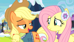 Size: 640x360 | Tagged: safe, screencap, applejack, fluttershy, pony, g4, my little pony best gift ever, animated, female, hoof over mouth, lidded eyes, smiling