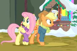 Size: 566x374 | Tagged: safe, screencap, applejack, fluttershy, roma, pony, g4, my little pony best gift ever, animated, clothes, female, flashing lights, jumper, scarf, winter outfit