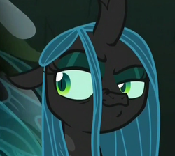 Size: 725x651 | Tagged: safe, screencap, queen chrysalis, changeling, changeling queen, frenemies (episode), g4, season 9, cropped, faic, female, nose wrinkle, reaction image, smug, solo