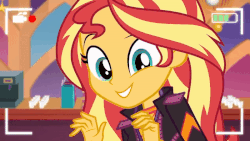 Size: 800x450 | Tagged: safe, screencap, sunset shimmer, equestria girls, equestria girls series, g4, how to backstage, spoiler:eqg series (season 2), animated, backstage pass, camera shot, clothes, cute, cutie mark on clothes, dancing, eyes closed, female, gif, jacket, leather, leather jacket, looking at you, music festival outfit, open mouth, open smile, recording, shimmerbetes, smiling, solo, sunset shimmy, swag, swag swag swag swag swag, video