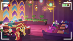 Size: 1267x711 | Tagged: safe, screencap, dakota verde, dirk thistleweed, doodle bug, raspberry lilac, sunset shimmer, violet wisteria, equestria girls, equestria girls series, g4, how to backstage, spoiler:eqg series (season 2), background human, cool scarf guy, female, male, selfie drone, unnamed character, unnamed human
