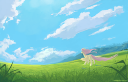 Size: 7000x4500 | Tagged: safe, artist:aoiyui, fluttershy, pegasus, pony, g4, absurd resolution, cloud, female, field, grass, mare, meadow, scenery, sky, solo, standing, windswept mane, windswept tail