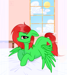 Size: 1934x2160 | Tagged: safe, artist:kim0508, oc, oc only, oc:watermelon frenzy, pegasus, pony, bed, bed sheets, bedroom eyes, curtains, cute, looking at you, lying on bed, male, seductive, solo, tongue out, trap, window, wings
