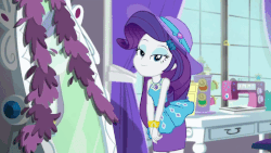 Size: 800x450 | Tagged: safe, screencap, rarity, camping must-haves, equestria girls, equestria girls series, g4, spoiler:eqg series (season 2), animated, blinking, bracelet, clothes, cute, drapes, eyeshadow, female, flirting, geode of shielding, gif, hat, jewelry, lidded eyes, looking at you, magical geodes, makeup, mirror, pencil skirt, pose, raribetes, rarity peplum dress, rarity's bedroom, sewing machine, skirt, smiling, smiling at you, solo, table, window
