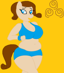 Size: 807x922 | Tagged: safe, artist:ponybaserequests, artist:sturk-fontaine, oc, oc only, oc:cinnamon swirl, earth pony, anthro, anthro oc, belly button, big breasts, breasts, chubby, clothes, jogging, midriff, orange background, shorts, simple background, solo, sports bra