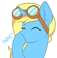Size: 700x711 | Tagged: safe, artist:sevenserenity, oc, oc only, oc:skydreams, pony, unicorn, aviator goggles, bust, dialogue, emoji, emoticon, giggling, goggles, laughing, simple background, solo, transparent background