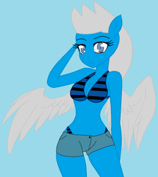 Size: 1024x1141 | Tagged: safe, artist:applejack002, artist:sturk-fontaine, oc, oc only, oc:silver wind, anthro, anthro oc, blue background, bra, clothes, female, male, shorts, simple background, solo, straight
