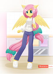 Size: 1000x1407 | Tagged: safe, artist:howxu, fluttershy, pegasus, anthro, blushing, clothes, cute, female, housewife, jeans, kitchen, mare, pants, patreon, patreon logo, shoes, shyabetes, solo, sweater