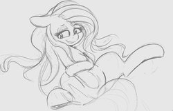 Size: 1095x706 | Tagged: safe, artist:tre, fluttershy, pegasus, pony, cute, female, floppy ears, grayscale, human shoulders, looking away, mare, monochrome, nervous grin, on back, shyabetes, simple background, sketch, smiling, solo, spread legs, spreading, three quarter view
