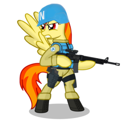 Size: 894x894 | Tagged: safe, oc, oc only, oc:hot shot, oc:safe haven, pony, assault rifle, bipedal, boots, gun, handgun, helmet, military, pistol, rifle, shoes, simple background, solo, transparent background, united nations, weapon