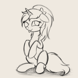 Size: 2000x2000 | Tagged: safe, artist:krash42, oc, oc only, pony, unicorn, bow, cute, female, hair bow, high res, mare, monochrome, one eye closed, simple background, sitting, solo, tongue out, wink