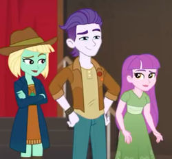 Size: 741x689 | Tagged: safe, screencap, dakota verde, dirk thistleweed, violet wisteria, equestria girls, equestria girls series, g4, how to backstage, spoiler:eqg series (season 2), background human, clothes, cropped, crossed arms, female, lipstick, male, smiling