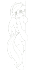 Size: 470x960 | Tagged: safe, artist:allrights, oc, oc only, oc:salad dressing, pegasus, anthro, anthro oc, arm hooves, breasts, clothes, female, glasses, monochrome, shy, socks