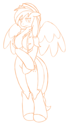 Size: 550x975 | Tagged: safe, artist:allrights, oc, oc only, oc:solar spark, anthro, anthro oc, arm hooves, breasts, clothes, hat, monochrome, sketch, spread wings, vest