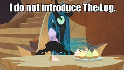 Size: 960x540 | Tagged: safe, edit, edited screencap, screencap, mean twilight sparkle, queen chrysalis, changeling, changeling queen, frenemies (episode), g4, caption, cartoonito logo, cupcake, dead, female, food, hoof hold, image macro, log, log lady, solo, text, twilog, twin peaks