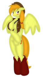 Size: 2888x5119 | Tagged: safe, artist:allrights, artist:notyobizz, color edit, edit, oc, oc only, oc:solar spark, anthro, absolute cleavage, anthro oc, arm hooves, boots, breasts, cleavage, clothes, colored, female, hat, shoes, shy, simple background, solo, spread wings, transparent background, vector, vest