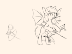 Size: 1024x768 | Tagged: safe, artist:krash42, oc, oc only, bat pony, pony, arrow, bat pony oc, bat wings, bipedal, bow (weapon), bow and arrow, ear fluff, fangs, female, mare, monochrome, newbie artist training grounds, open mouth, simple background, solo, spread wings, weapon, wings