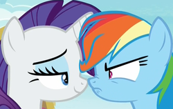 Size: 925x585 | Tagged: safe, screencap, rainbow dash, rarity, pegasus, pony, unicorn, g4, season 8, the end in friend, angry, bickering, boop, cropped, eye contact, female, frown, lidded eyes, looking at each other, mare, narrowed eyes, nose to nose, nose wrinkle, noseboop, ponyville, shipping fuel, smiling, smug, smugity