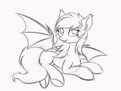 Size: 1920x1440 | Tagged: safe, artist:krash42, oc, oc only, bat pony, pony, bat pony oc, bat wings, chest fluff, cute, ear fluff, fangs, female, lidded eyes, looking at you, lying down, mare, monochrome, newbie artist training grounds, simple background, solo, tongue out, wings