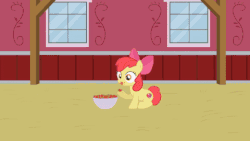 Size: 480x270 | Tagged: safe, artist:forgalorga, apple bloom, applejack, everypony is strange, g4, abuse, angry, animated, applebuse, applejack's hat, barn, betrayal, cowboy hat, dishonorapple, eating, female, food, hat, moral event horizon, red face, strawberry, that pony sure does hate strawberries, this ended in pain, thrown away, traitor, you dun goofed