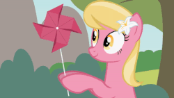 Size: 480x270 | Tagged: safe, artist:forgalorga, lily, lily valley, rainbow dash, earth pony, pegasus, pony, everypony is strange, g4, animated, blinking, confused, cute, eye contact, female, flower, flower in hair, frown, hoof hold, lilybetes, looking at each other, looking at something, looking down, looking up, mare, mouth hold, nom, open mouth, pinwheel (toy), pure unfiltered evil, show accurate, stealing, wat, wide eyes