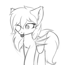 Size: 1632x1674 | Tagged: safe, artist:krash42, oc, oc only, bat pony, pony, bat pony oc, bat wings, chest fluff, cookie, cute, ear fluff, fangs, female, food, mare, monochrome, mouth hold, newbie artist training grounds, ocbetes, one eye closed, oreo, simple background, sketch, solo, white background, wings