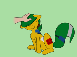 Size: 1000x750 | Tagged: safe, artist:da52, oc, oc:blocky bits, human, pony, chest fluff, disembodied hand, eyes closed, hand, human on pony petting, offscreen character, offscreen human, petting, smiling