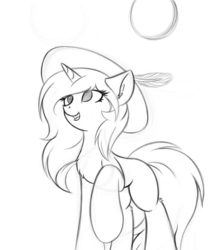 Size: 1649x1946 | Tagged: safe, artist:krash42, oc, oc only, pony, unicorn, cute, ear fluff, feather, female, hat, mare, monochrome, newbie artist training grounds, raised hoof, simple background, smiling, solo, summer, sun, white background