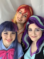 Size: 1536x2048 | Tagged: safe, artist:maddymoiselle, artist:sarahndipity cosplay, artist:shelbeanie, starlight glimmer, sunset shimmer, twilight sparkle, human, equestria girls, g4, clothes, cosplay, costume, counterparts, everfree northwest, everfree northwest 2019, female, irl, irl human, magical trio, photo, trio, trio female, twilight's counterparts