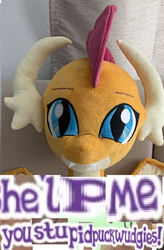 Size: 728x1110 | Tagged: safe, artist:klplushies, editor:horsesplease, smolder, pukwudgie, everfree northwest, g4, caption, dead eyes, dissonant caption, expand dong, exploitable meme, female, help me, i have no mouth and i must scream, image macro, irl, meme, misspelling, photo, plushie, screaming internally, text, thousand yard stare