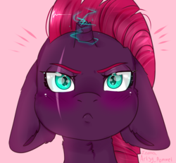 Size: 2500x2311 | Tagged: safe, artist:mojmojsanna, tempest shadow, pony, unicorn, g4, angry, blushing, broken horn, bust, cute, emanata, eye scar, female, floppy ears, front view, frown, full face view, glowing horn, high res, horn, looking at you, magic, mare, pink background, portrait, scar, signature, simple background, solo, tempestbetes, tsundere, tsundere shadow